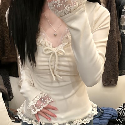 蕾丝花边v领打底衫女春秋