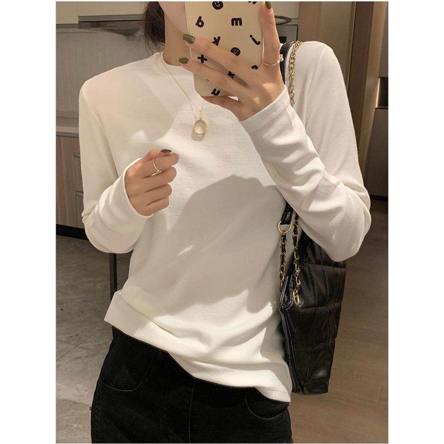 纯色简约长袖T恤打底衫女秋装2025新款气质显瘦百搭圆领内搭上衣