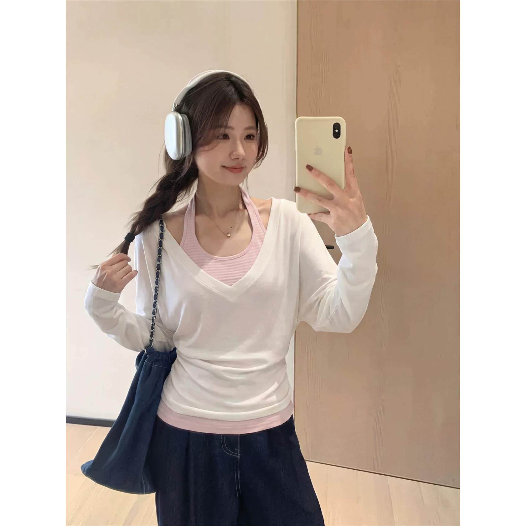 韩系甜辣粉色挂脖吊带+宽松防晒罩衫女装春季打底叠穿上衣两件套