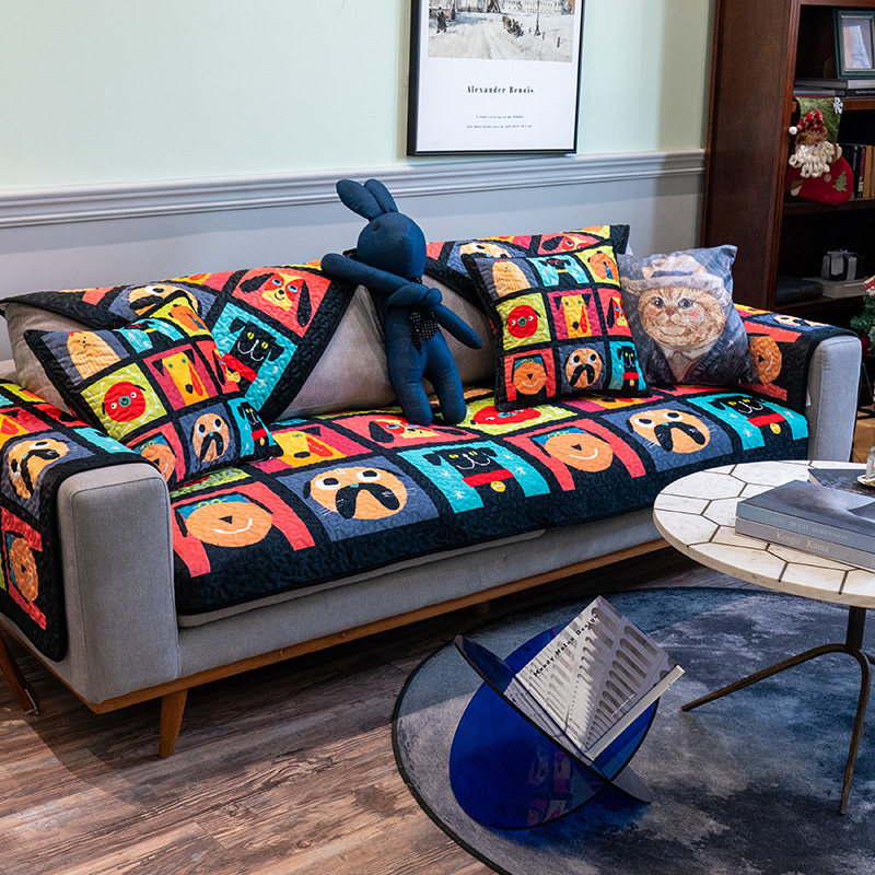 深色耐脏卡通小狗沙发垫奇趣可爱风沙发坐垫加厚防滑四季沙发套罩