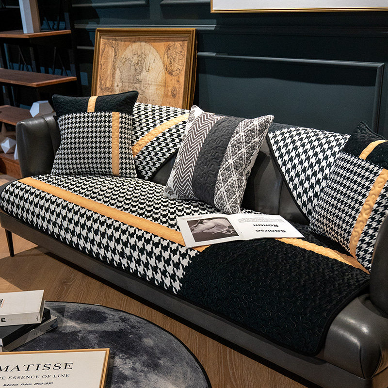 北欧时尚黑金千鸟格沙发垫耐脏深色坐垫现代轻奢四季通用沙发巾套