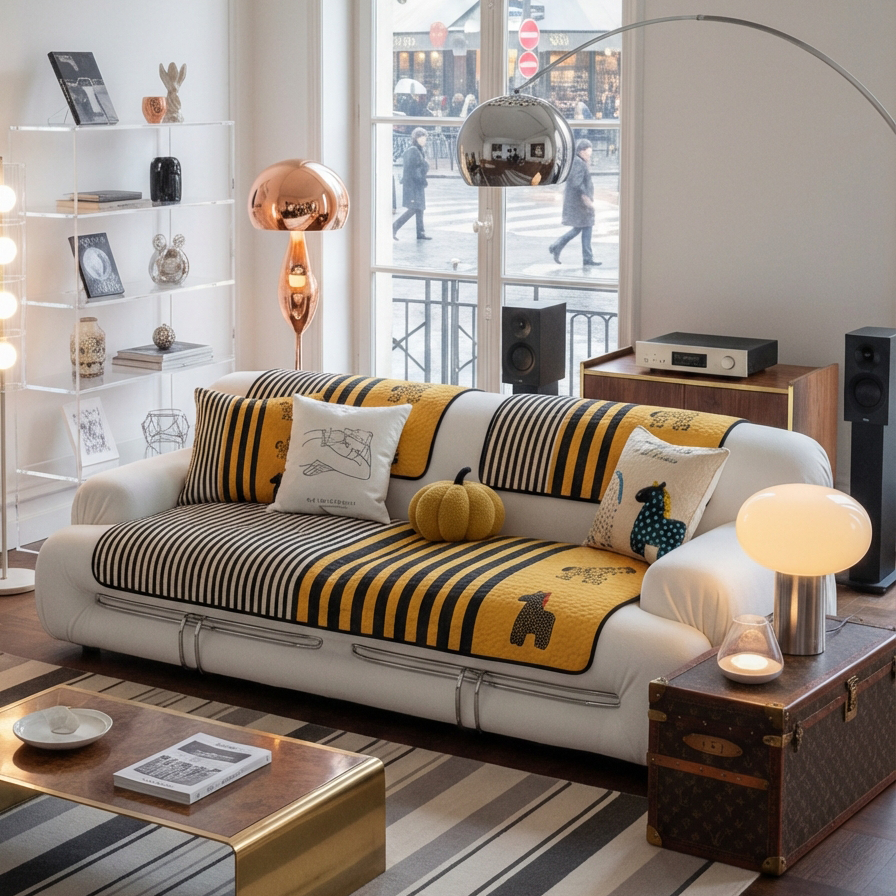 简约现代几何条纹设计沙发垫秋冬加厚绒感沙发坐垫卡通小马沙发巾,居家布艺,沙发垫,淘宝优惠券,粉丝福利购,淘宝优惠卷