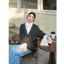 ICYNESS宽松os针织羊毛彩点灰色开衫v领慵懒风羊绒秋冬百搭外套