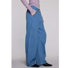 ICYNESS松紧拼接腰香蕉裤型水洗牛仔裤阔腿时尚蓝色宽松拖地裤