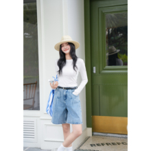 ICYNESS宽松裤腿Kendall风水洗蓝阔腿牛仔裤休闲a字直筒五分裤