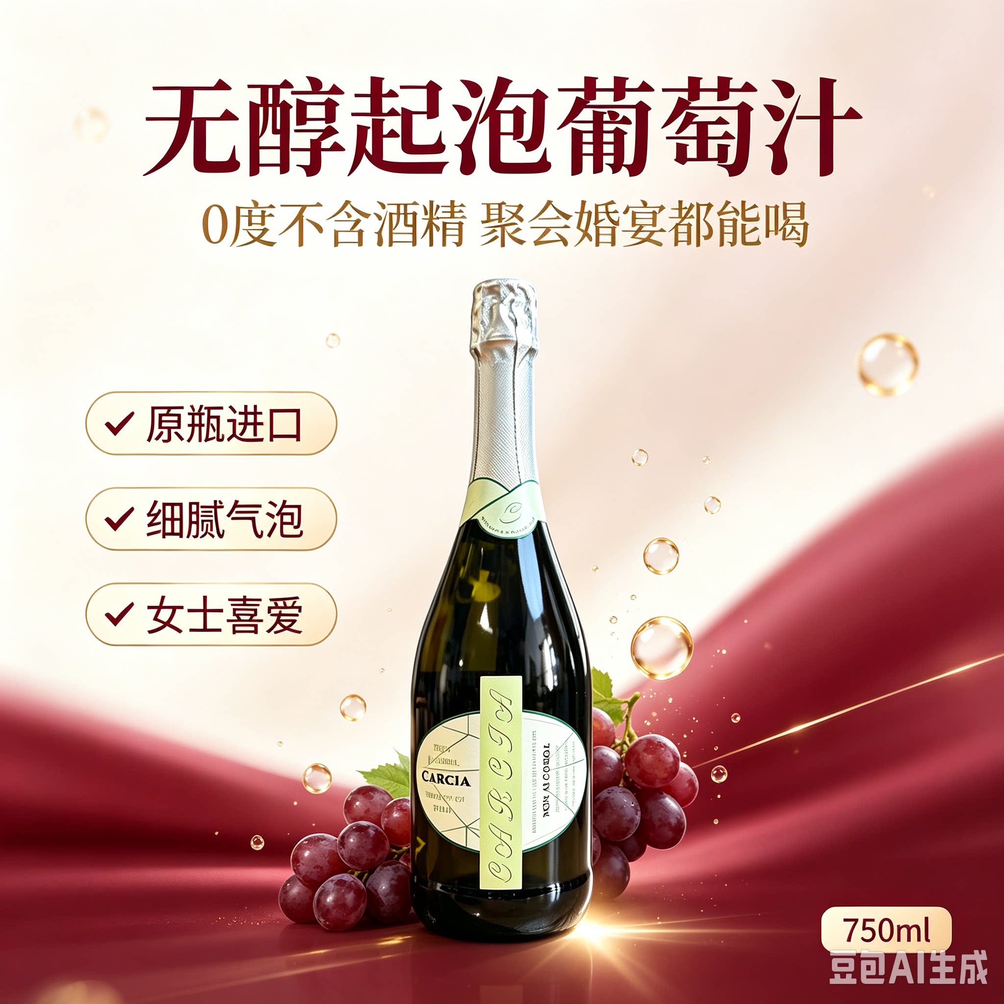 西班牙进口无醇白起泡汁 无酒精0度甜型女士气泡葡萄汁 婚礼果酒