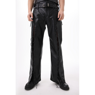 OWNBOOZE绑带镂空双腰皮裤