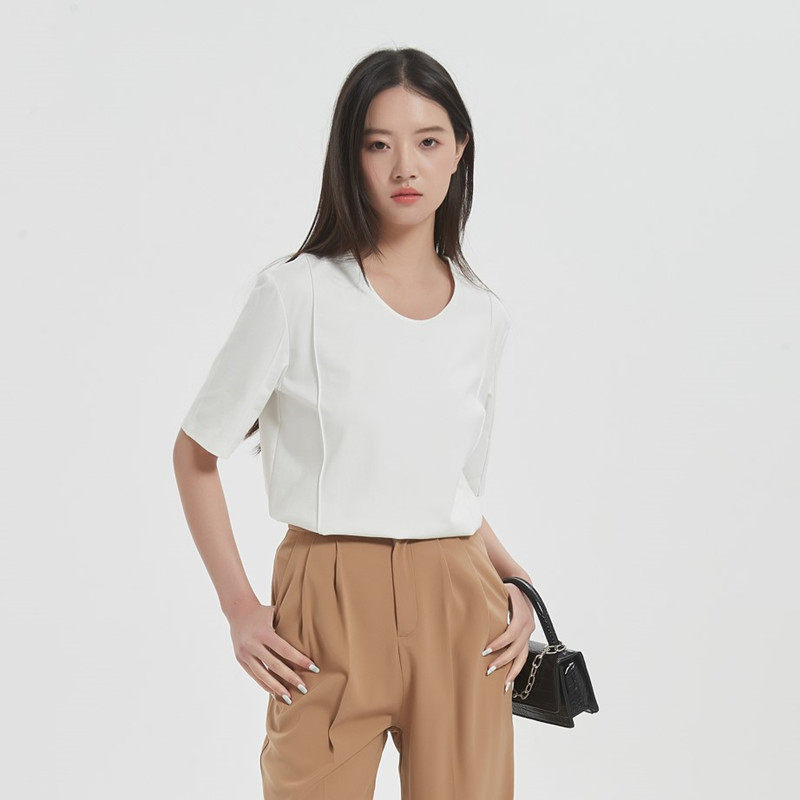 梅戛简约圆领短袖t恤女春夏白色套头中袖上衣黑色五分袖宽松打底