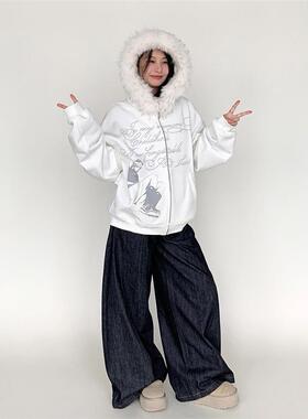 atrandom 秋冬心情日记满印文字毛领加绒卫衣女黑白连帽宽松外套