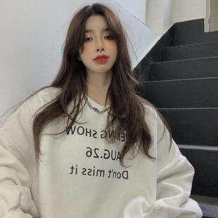 秋冬新款港味chic圆领卫衣女韩版慵懒风BF宽松中长款长袖休闲上衣