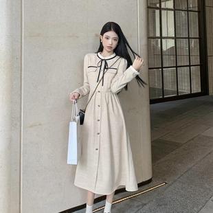 小香风名媛气质连衣裙女秋冬2025新款收腰显瘦中长款系带长袖裙子