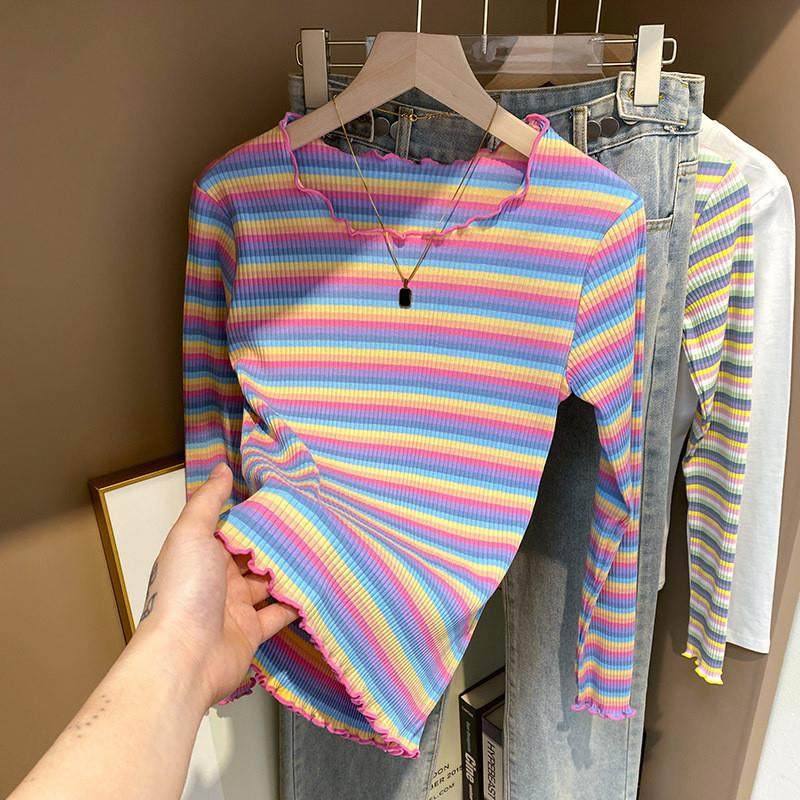 339#实拍 纯棉条纹长袖T恤女装内搭打底小衫早春秋上衣外穿薄木耳