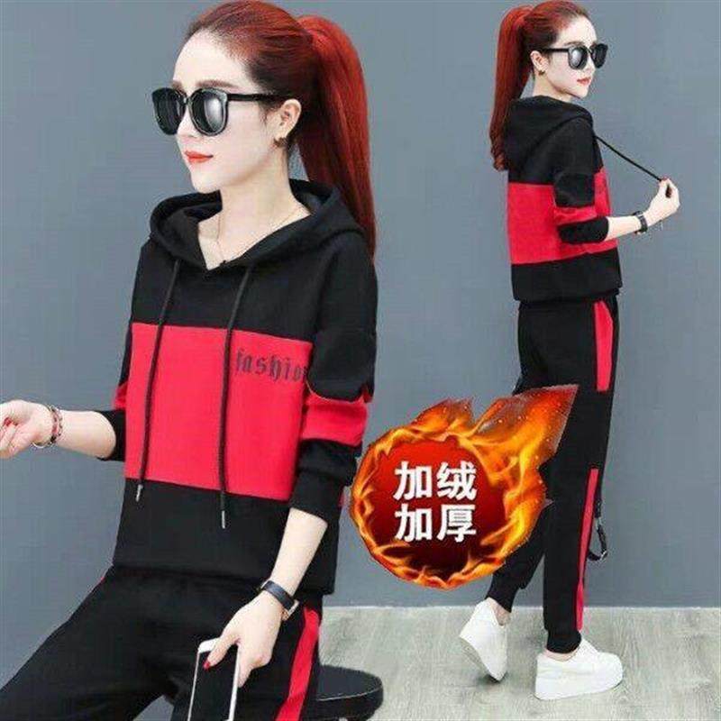 376#加绒加厚秋冬新款跑步运动套装女休闲宽松连帽卫衣大码两件套