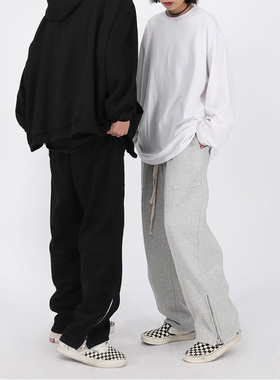 FOG高街灰色抽绳侧边拉链开叉休闲卫裤男女潮宽松直筒运动阔腿裤