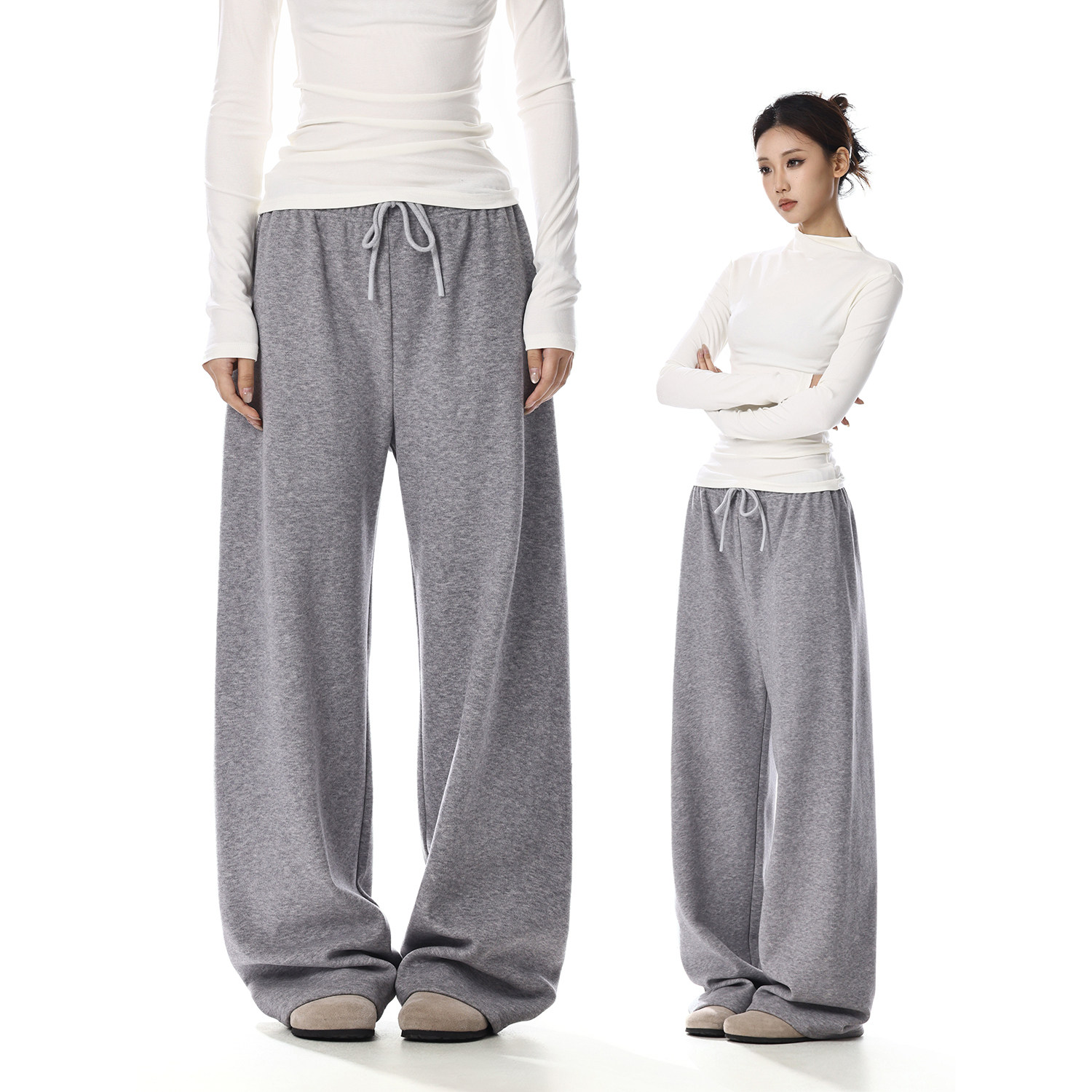 美式复古灰色休闲阔腿裤卫裤女松紧腰宽松显瘦垂感直筒抽绳弯刀裤,女装/女士精品,休闲裤,淘宝优惠券,粉丝福利购,淘宝优惠卷