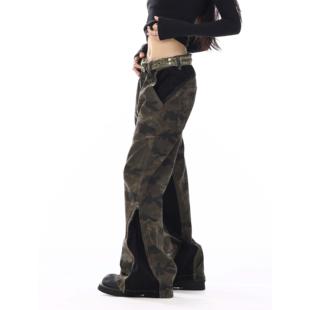 美式街头复古拼接迷彩裤子女设计感小众水洗宽松显瘦休闲工装裤子