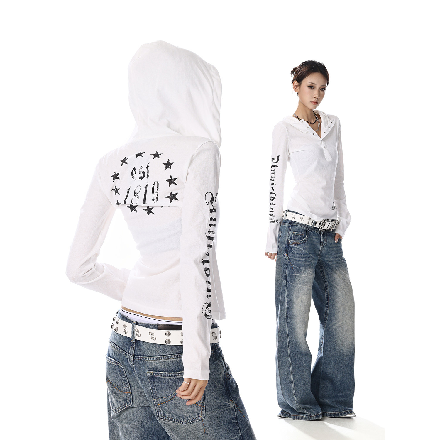 美式复古白色印花长袖连帽T恤女修身辣妹百搭罩衫打底朋克上衣潮,女装/女士精品,短外套,淘宝优惠券,粉丝福利购,淘宝优惠卷