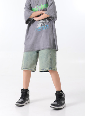 夏季街头嘻哈美式old school水洗绿色牛仔短裤休闲五分裤子男女潮