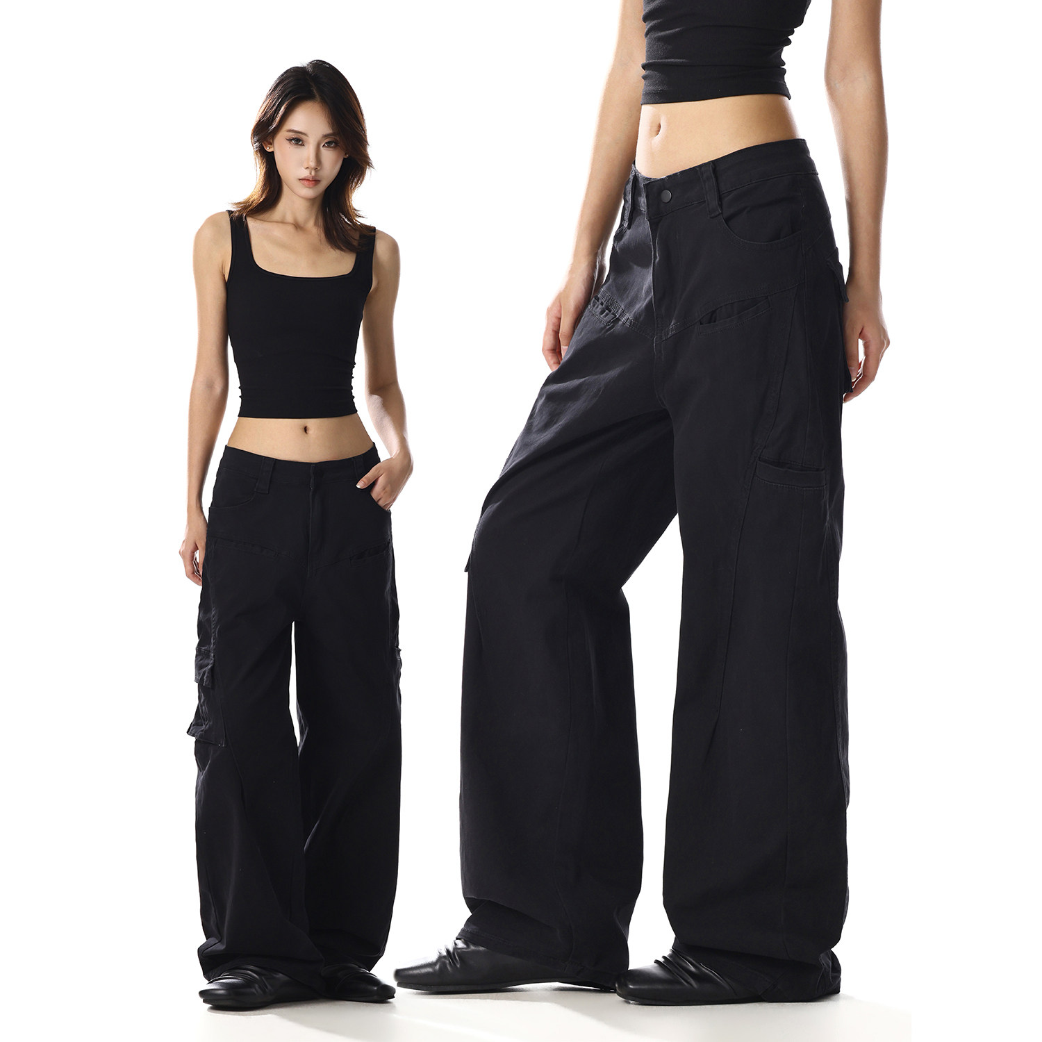 美式复古解构设计感黑色工装裤男女夏季新款宽松休闲百搭直筒裤子