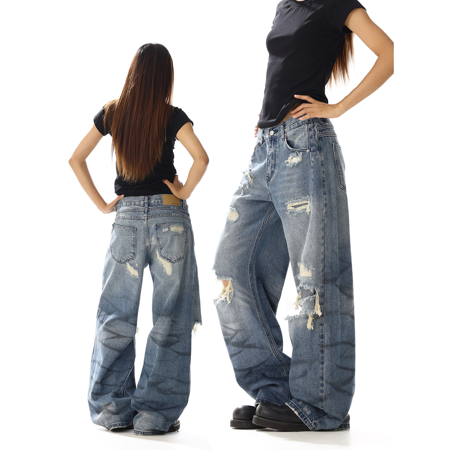 美式复古做旧破洞牛仔裤男女痞帅高街设计感小众宽松百搭直筒裤子,女装/女士精品,牛仔裤,淘宝优惠券,粉丝福利购,淘宝优惠卷