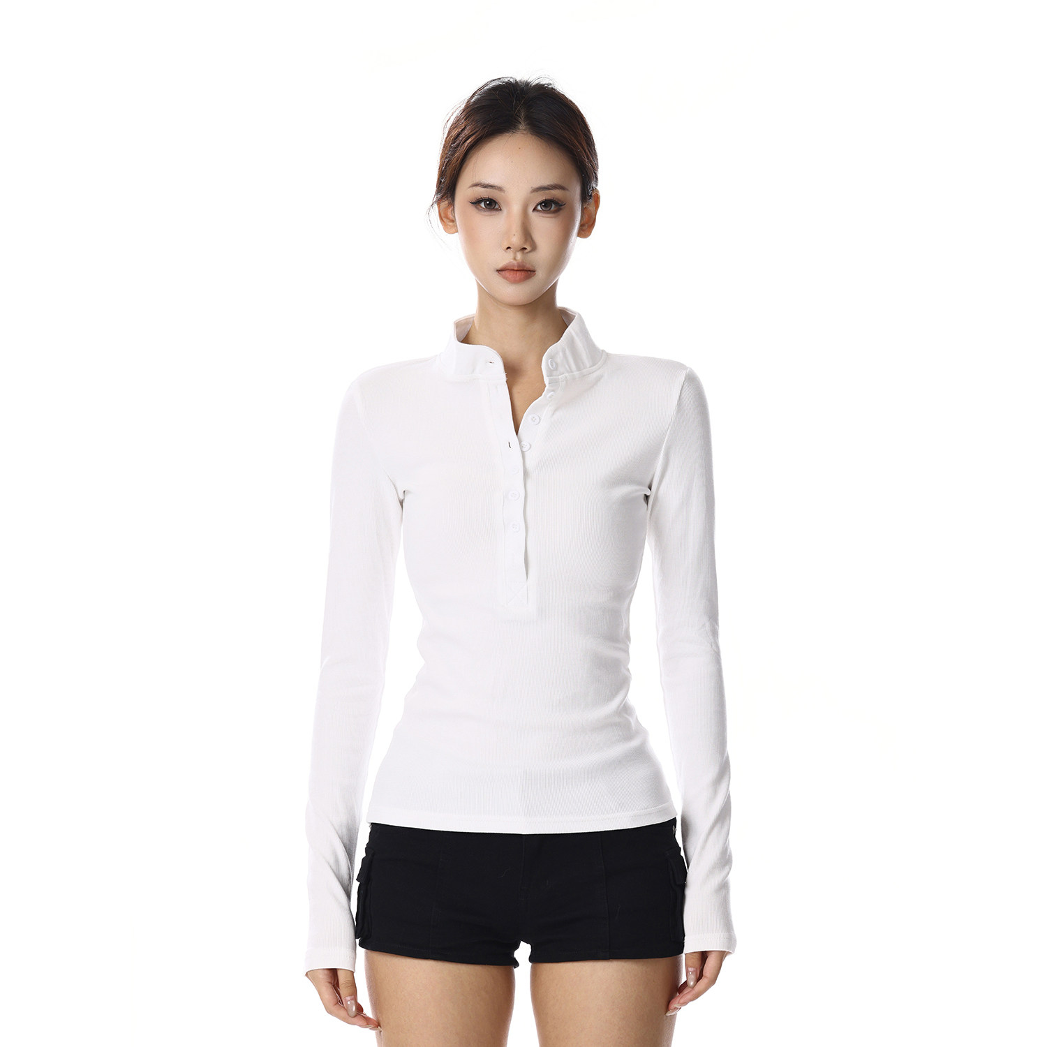 美式复古黑色亨利领长袖t恤女修身显瘦百搭通勤简约打底内搭上衣,女装/女士精品,T恤,淘宝优惠券,粉丝福利购,淘宝优惠卷