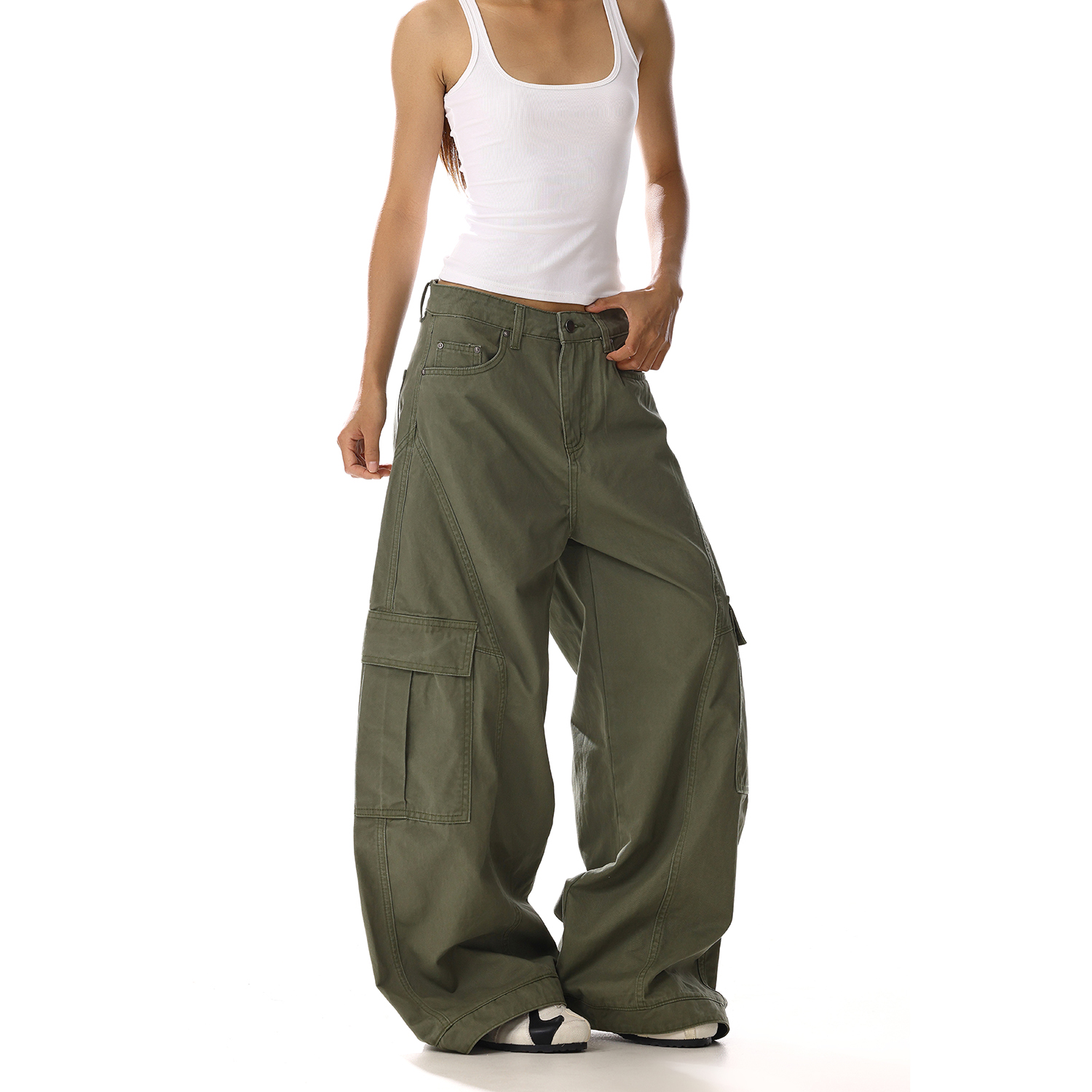 美式复古解构军绿色工装裤男女潮牌宽松休闲直筒弯刀阔腿牛仔裤子