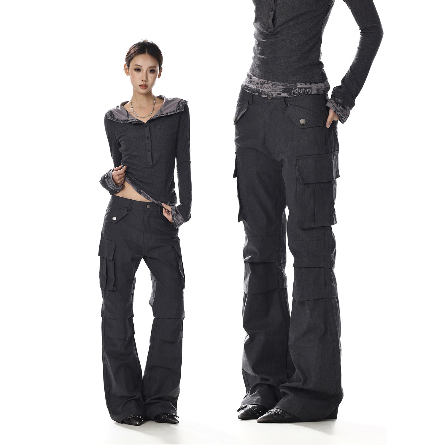 美式复古黑色低腰微喇工装裤女立体侧面多口袋设计感休闲裤直筒裤,女装/女士精品,休闲裤,淘宝优惠券,粉丝福利购,淘宝优惠卷