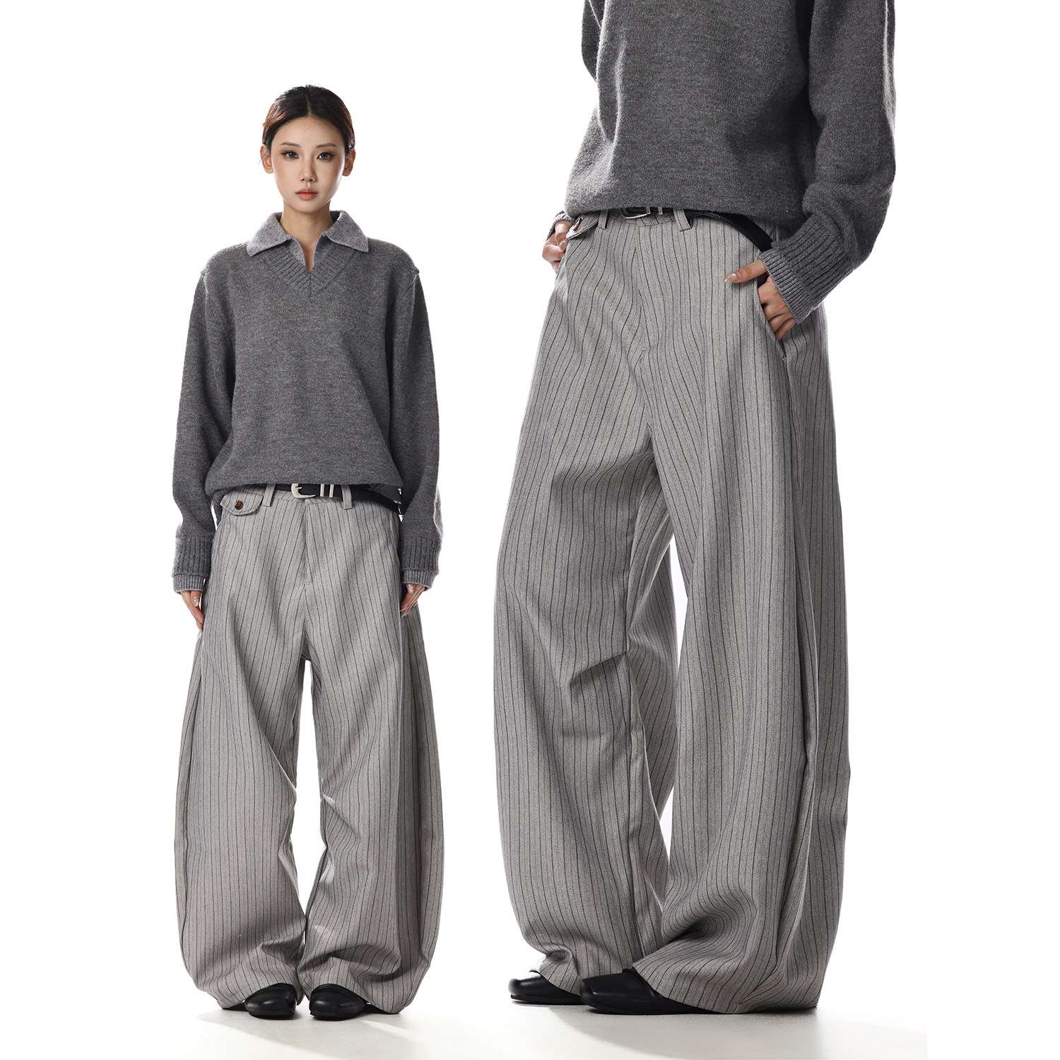 美式复古老钱风条纹弯刀西裤女宽松垂感休闲直筒显瘦褶皱阔腿裤子,女装/女士精品,休闲裤,淘宝优惠券,粉丝福利购,淘宝优惠卷