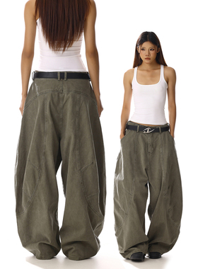 美式复古廓形设计感军绿色弯刀牛仔裤男女宽松休闲直筒阔腿工装裤