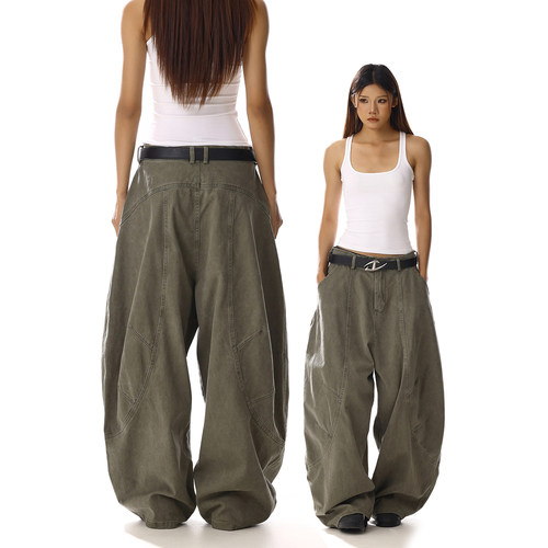 美式复古廓形设计感军绿色弯刀裤