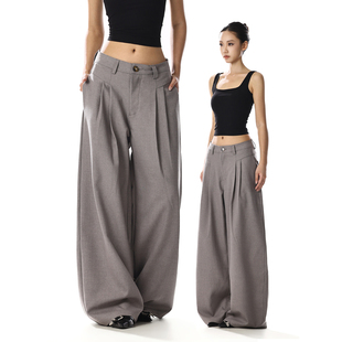 设计感小众垂感阔腿裤 美式 新款 男女夏季 子 复古卡其色褶皱宽松西裤