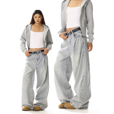 美式复古水洗做旧浅蓝色牛仔裤