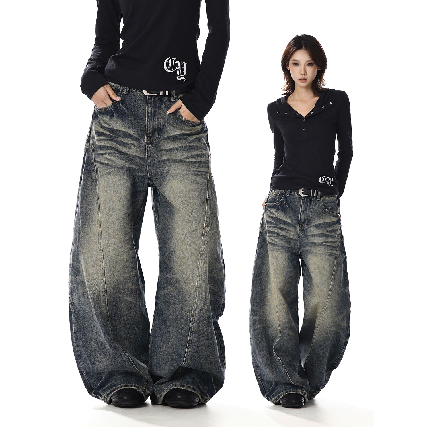 美式复古蓝色做旧水洗牛仔裤女直筒宽松高级垂坠感休闲弯刀裤子女,女装/女士精品,牛仔裤,淘宝优惠券,粉丝福利购,淘宝优惠卷