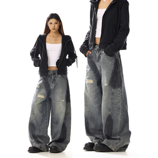 美式复古做旧破洞牛仔裤男女潮牌街头设计感宽松直筒阔腿弯刀裤子