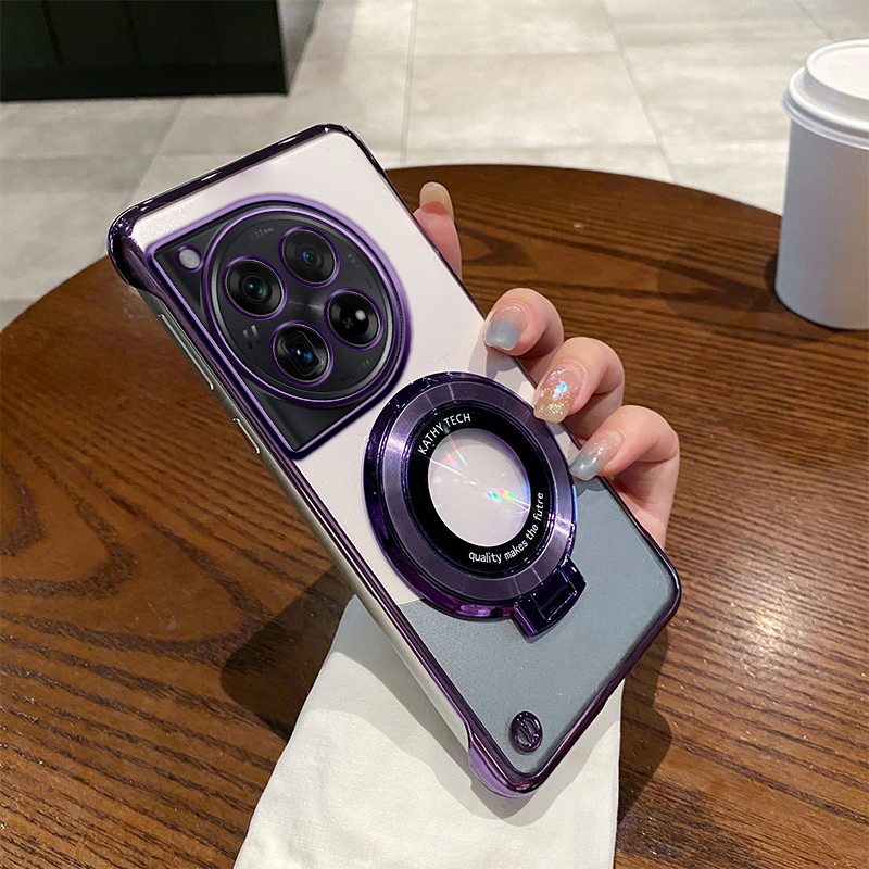 一加12电镀无边框新款手机壳时尚适用OnePlus12高端男创意磁吸支架超薄散热透明硬壳1+12简约半包防摔保护套