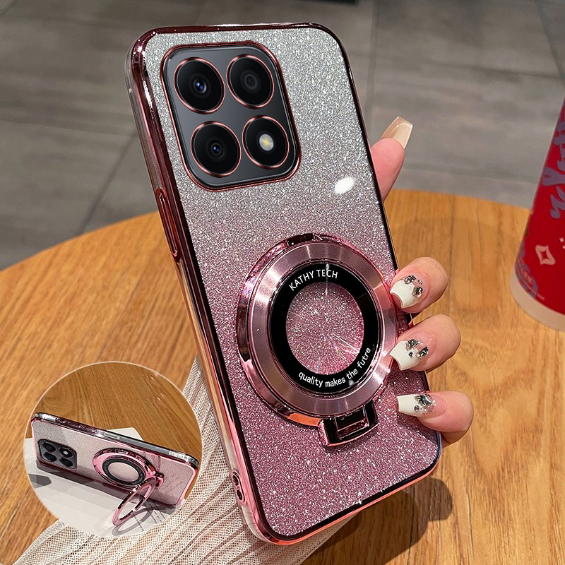 荣耀X8A手机壳新款磁吸支架渐变闪粉电镀透明保护套适用HONORX8B全包防摔创意个性高级感简约奢华X8时尚软壳