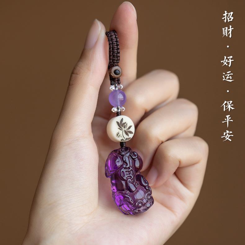 2025厂家直营紫水晶貔貅汽车钥匙扣好运手机链玛瑙挂件黑曜石饰品