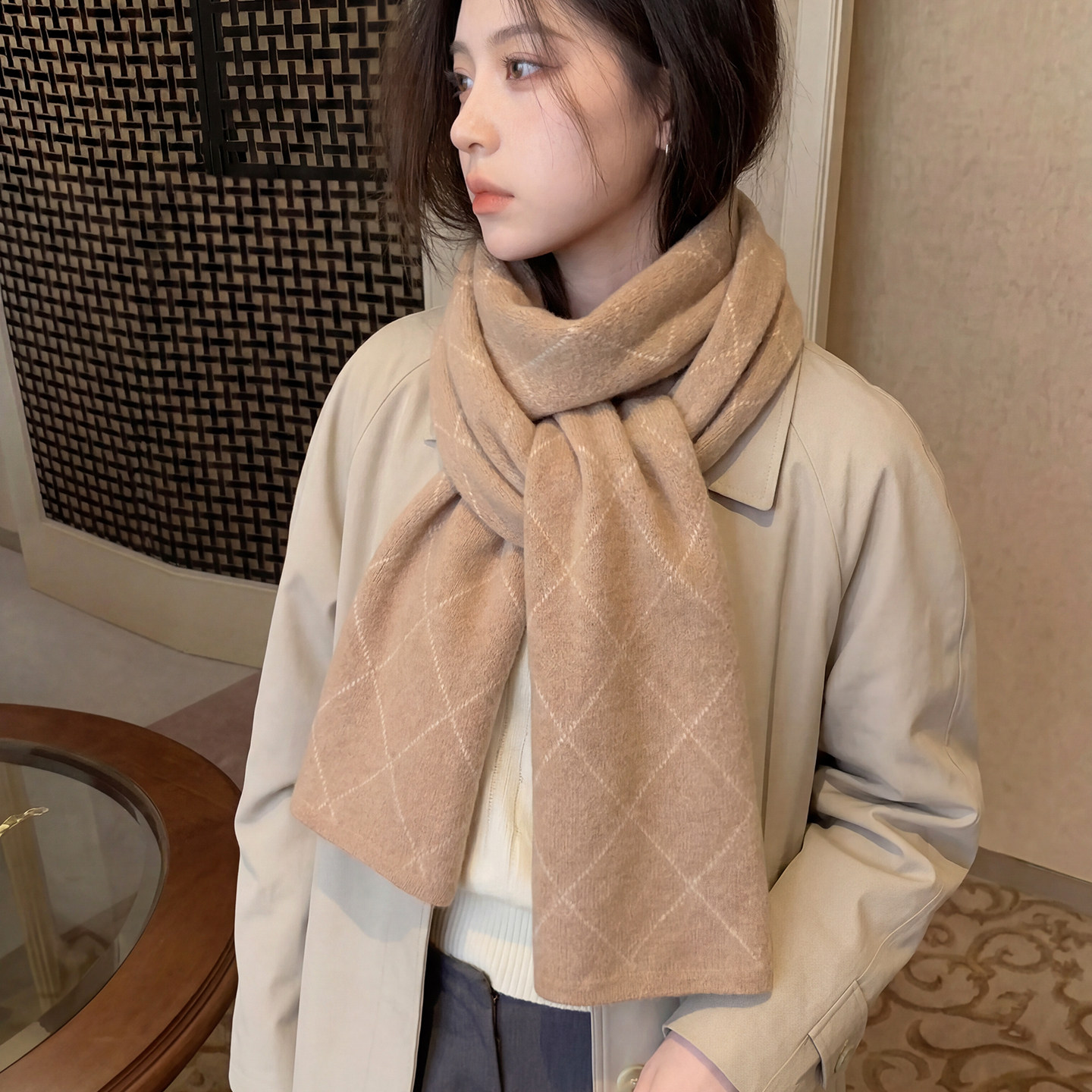 小香风菱形格100%纯羊毛围巾男女