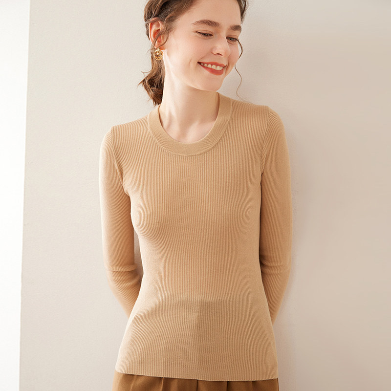 圆领精纺桑蚕丝山羊绒衫女春秋季薄款长袖毛衣修身显瘦针织打底衫