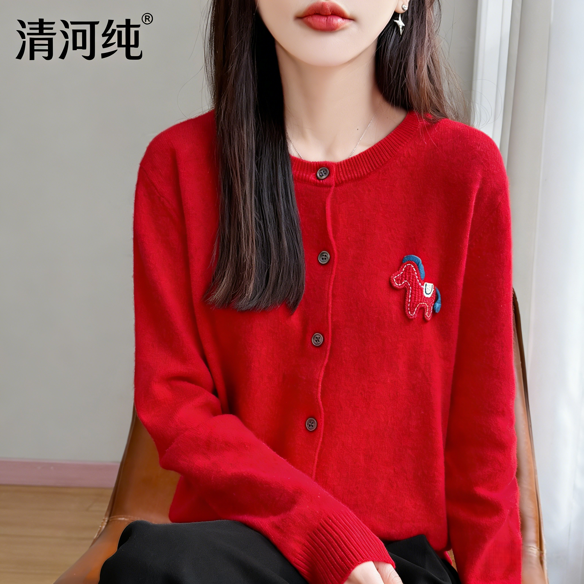 圆领红色小马刺绣针织开衫女春秋冬季外穿百搭上衣宽松显瘦小外套,女装/女士精品,毛针织衫,淘宝优惠券,粉丝福利购,淘宝优惠卷