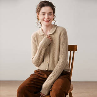 清河纯Polo领羊绒开衫女秋冬季加厚保暖毛衣外套宽松显瘦针织上衣