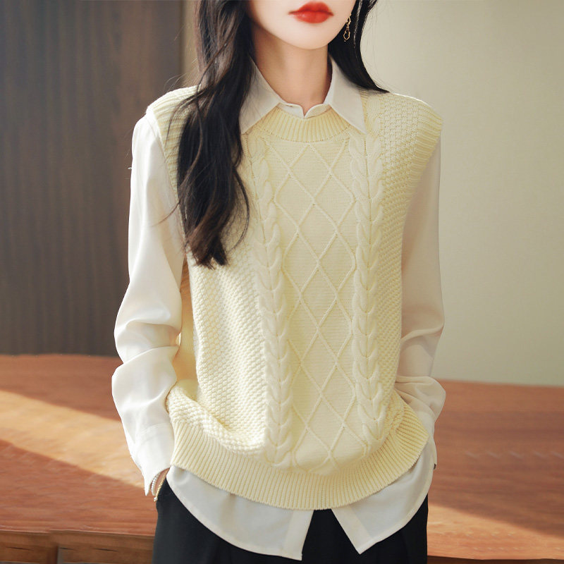 圆领100%纯棉马甲女背心春季无袖麻花上衣叠穿宽松显瘦针织衫坎肩