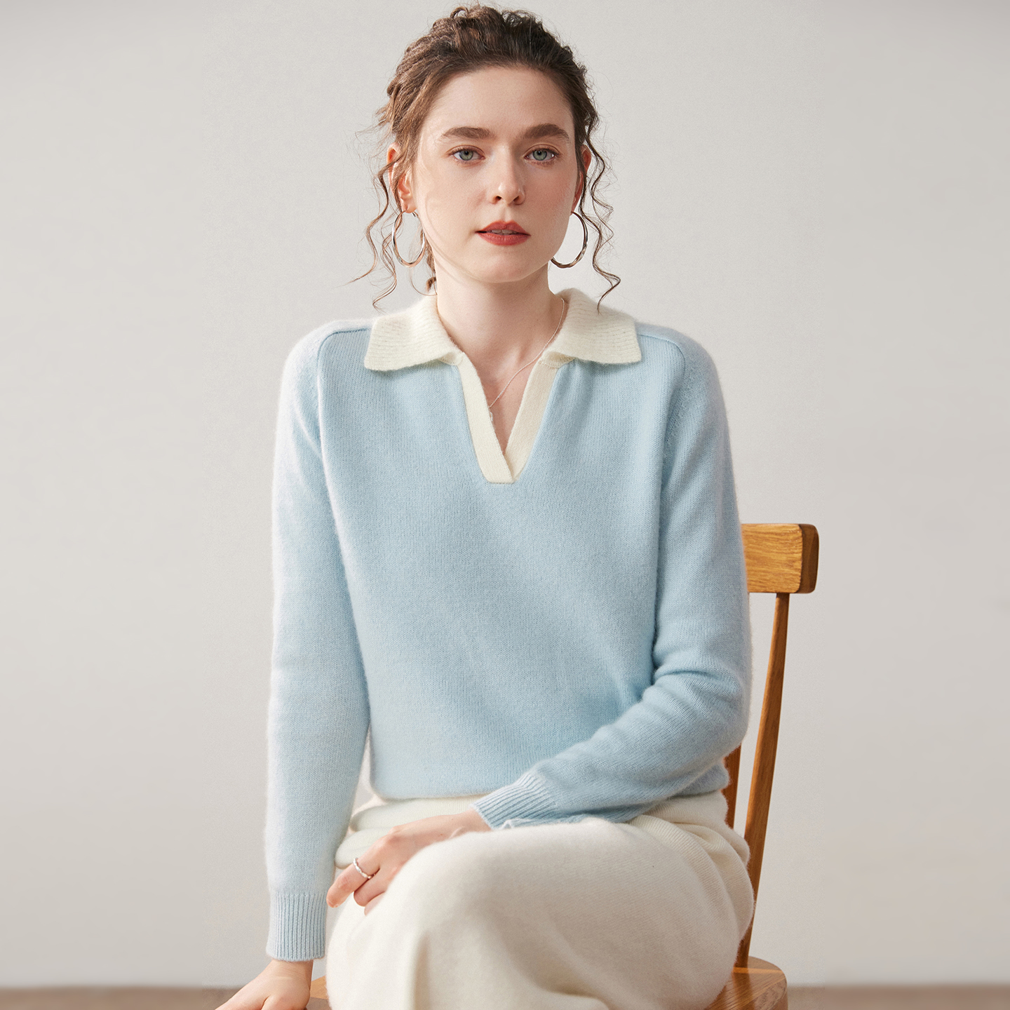 清河纯Polo领羊绒衫女秋冬季拼色毛衣宽松显瘦内搭保暖针织打底衫