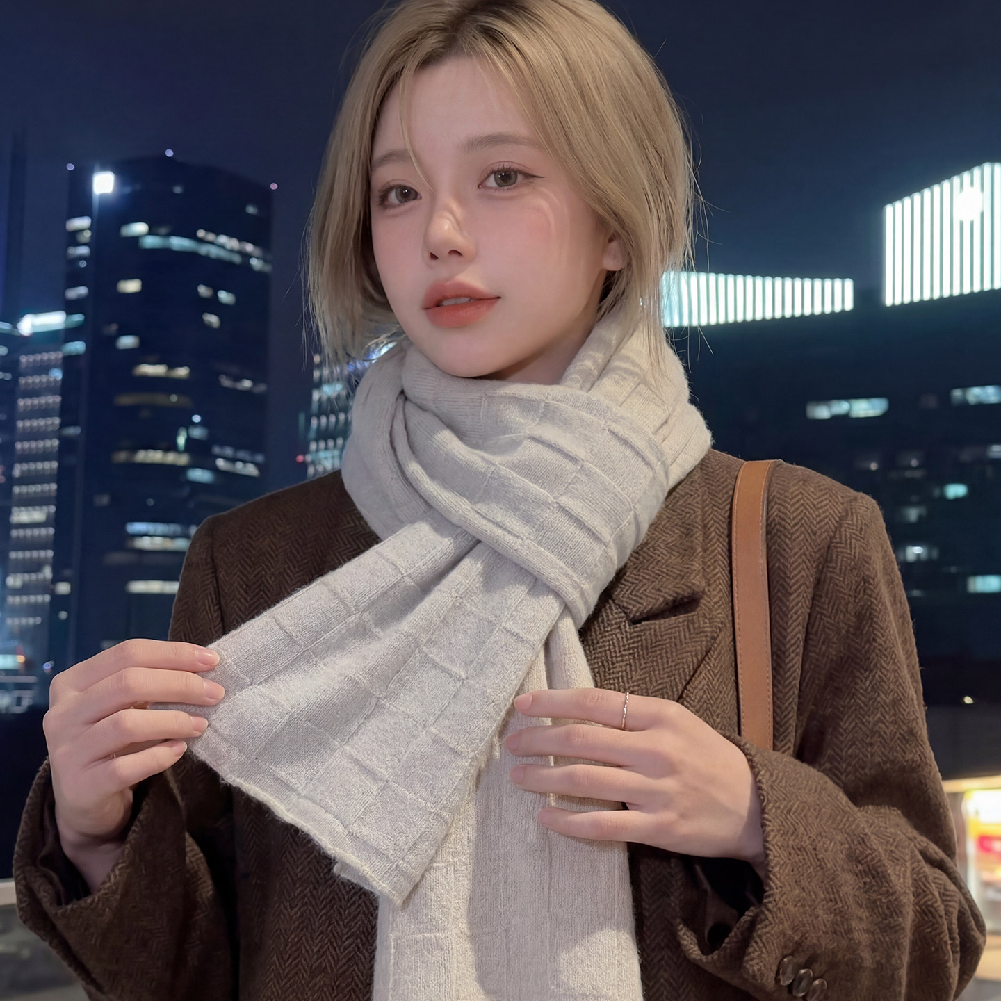清河纯羊毛格纹围巾女秋冬披肩