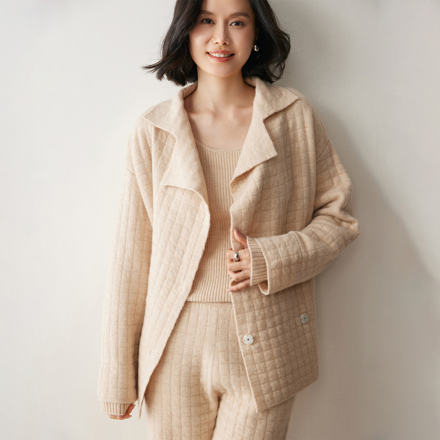 翻领空气层羊绒开衫女秋冬加厚保暖毛衣外套宽松休闲羊毛针织上衣