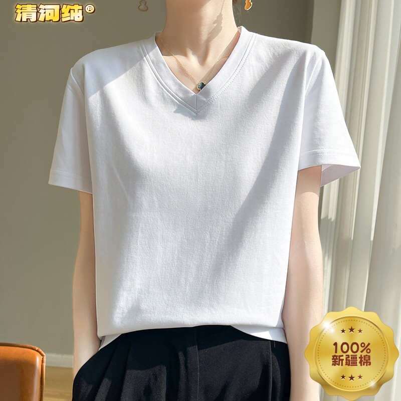 冰爽亲肤100%澳棉V领短袖T恤女清河纯夏季白色宽松纯棉打底上衣潮