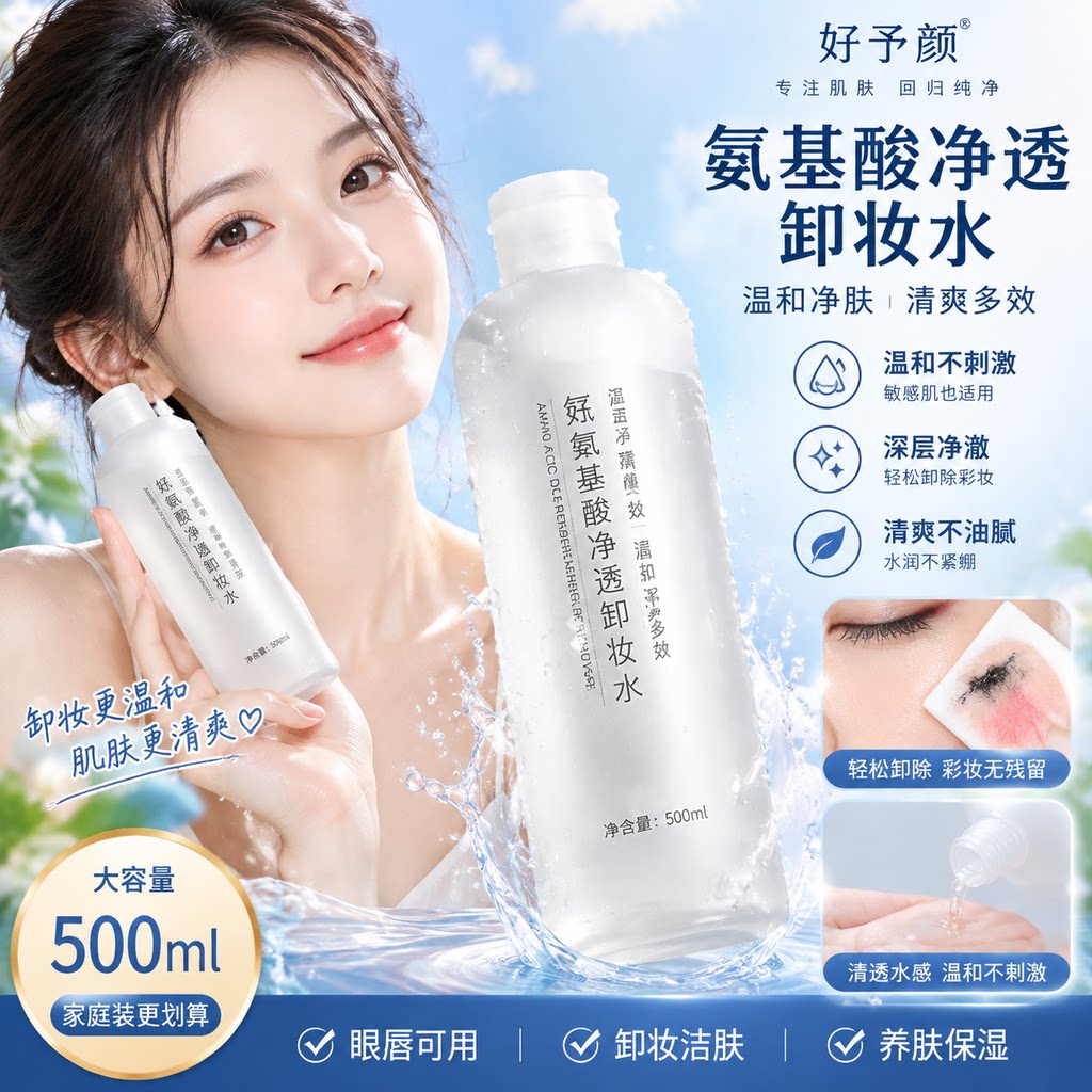 正品好予颜氨基酸净透卸妆水500ml温和净肤清爽多效眼唇卸妆油