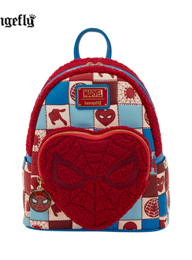 代购Loungefly漫威蜘蛛侠仿羊羔绒爱心迷你双肩包女士休闲背包