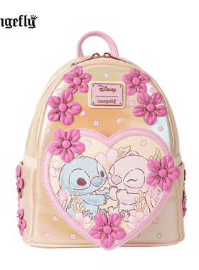 代购Loungefly迪士尼史迪仔与安琪樱花爱心迷你双肩背包男女痛包