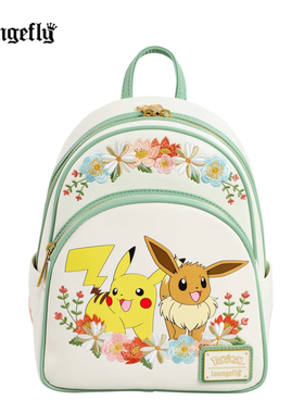 Loungefly精灵宝可梦皮卡丘与伊布花朵刺绣宝可梦迷你双肩包背包